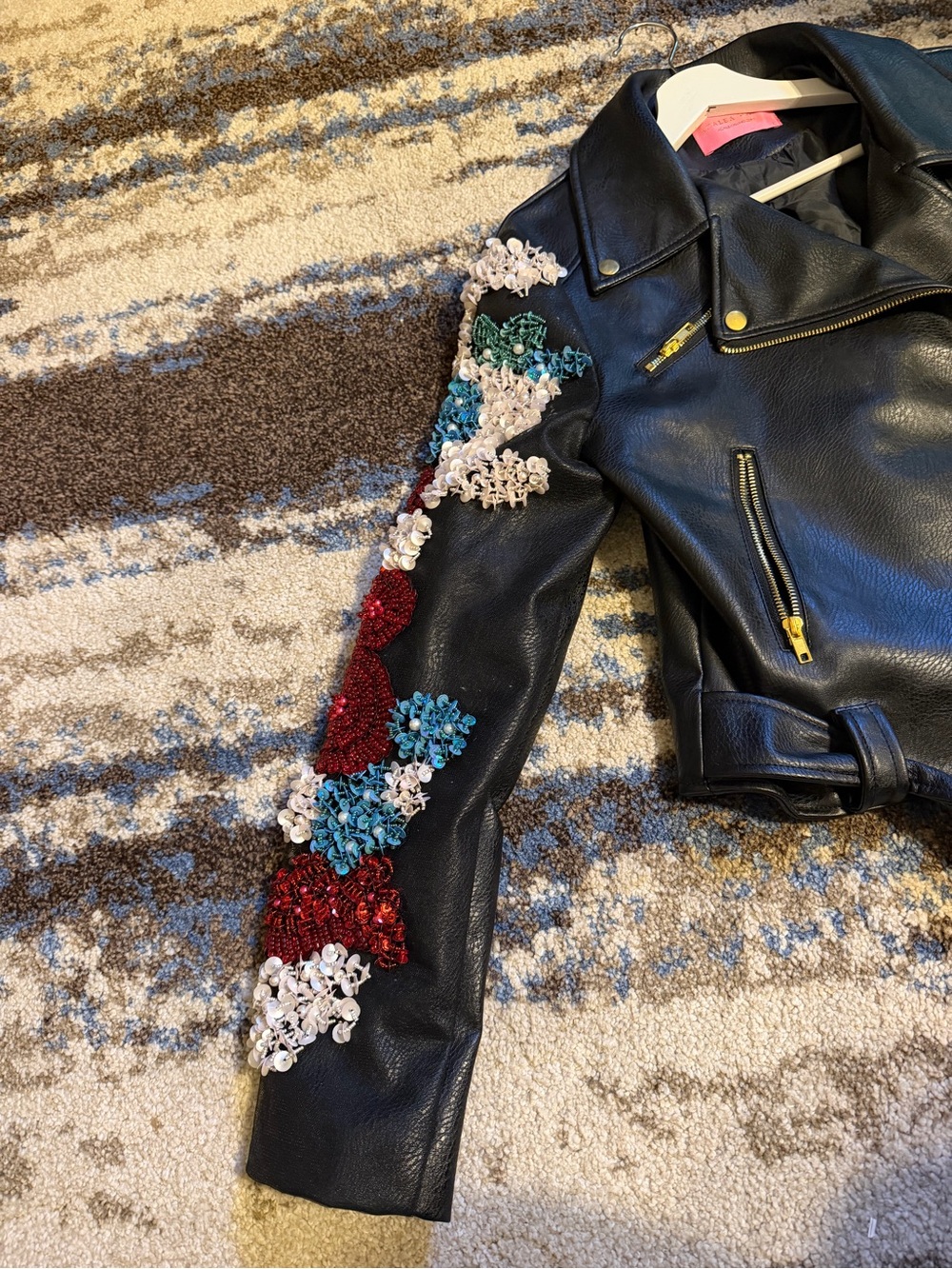 Embroidered Black Leather Jacket with Floral Accents - Picture 7 of 11